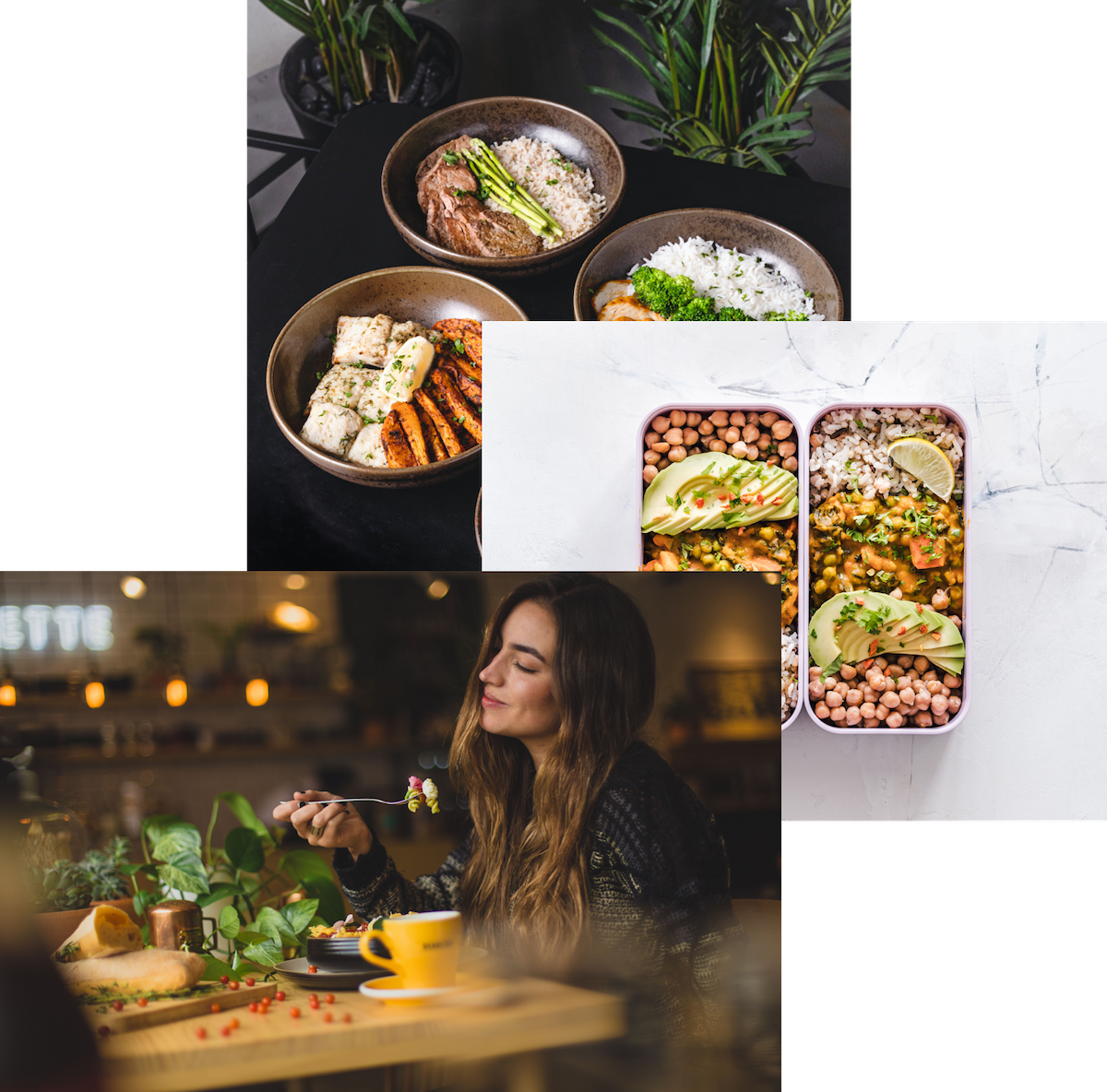Woman enjoying food, meals in storage conatiners and food bowls on a table.